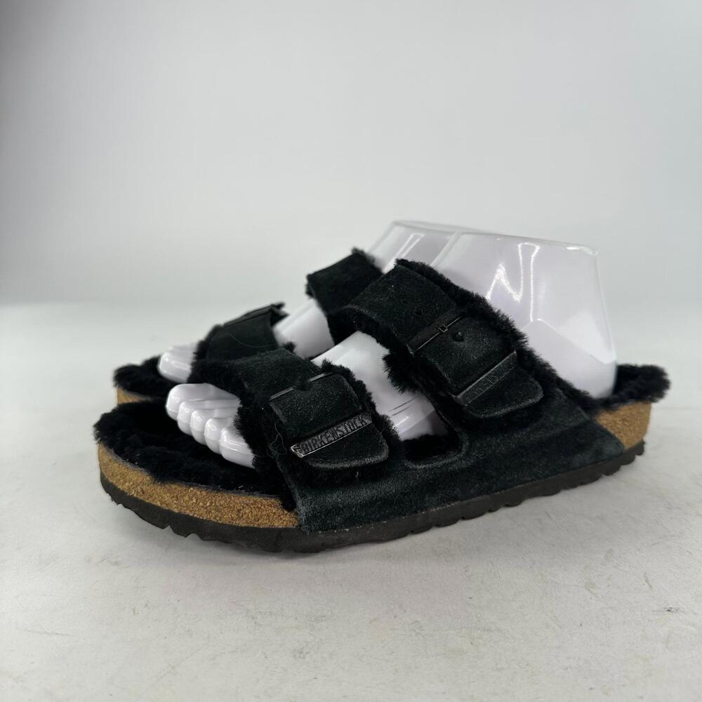 Birkenstock Arizona Shearling Sandals Sz 8 Black Suede Lined Buckle Shoes - Picture 5 of 12